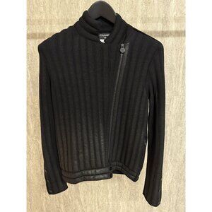Chanel Oil Leather Black Wool Ribbed Jacket Size 38 Made In Italy